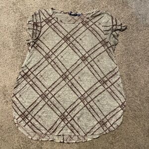 Plaid Pattern Cap Sleeve Tee - Taupe and Brown